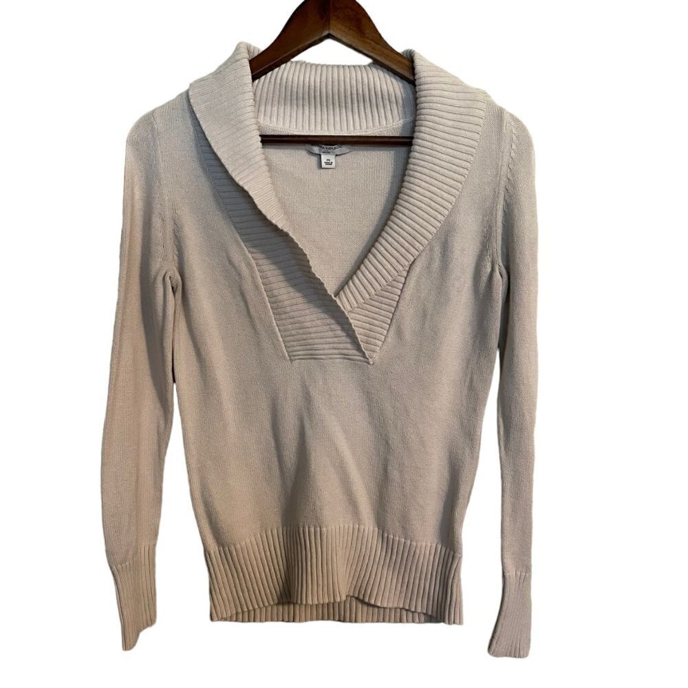 Banana Republic Womens Cream Ribbed Trim Shawl Neck Chunky Sweater Small Petite